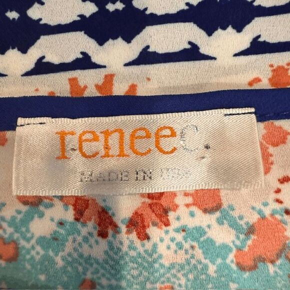 Renee C Boho Aztec Printed Multicolor Tunic Blouse Blue Piping Flowy Size Medium - Picture 3 of 9